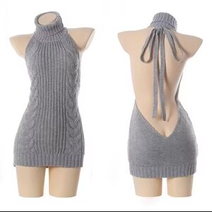 Hot Topic Gray Cable-Knit Halter Backless Sweater